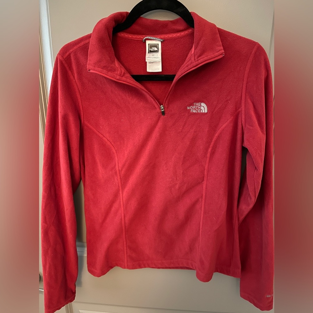 North Face Red Fleece Pullover 1/4 Zip Sweatshirt Logo Sweater Women’s Small